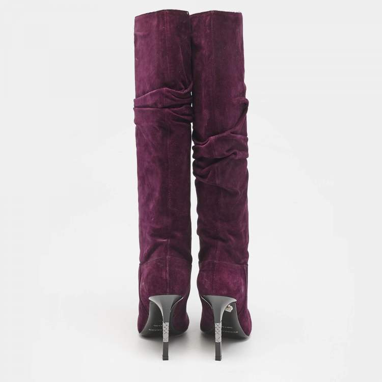 Pre Owned Burberry Burgundy Suede Knee Length Boots Size 36