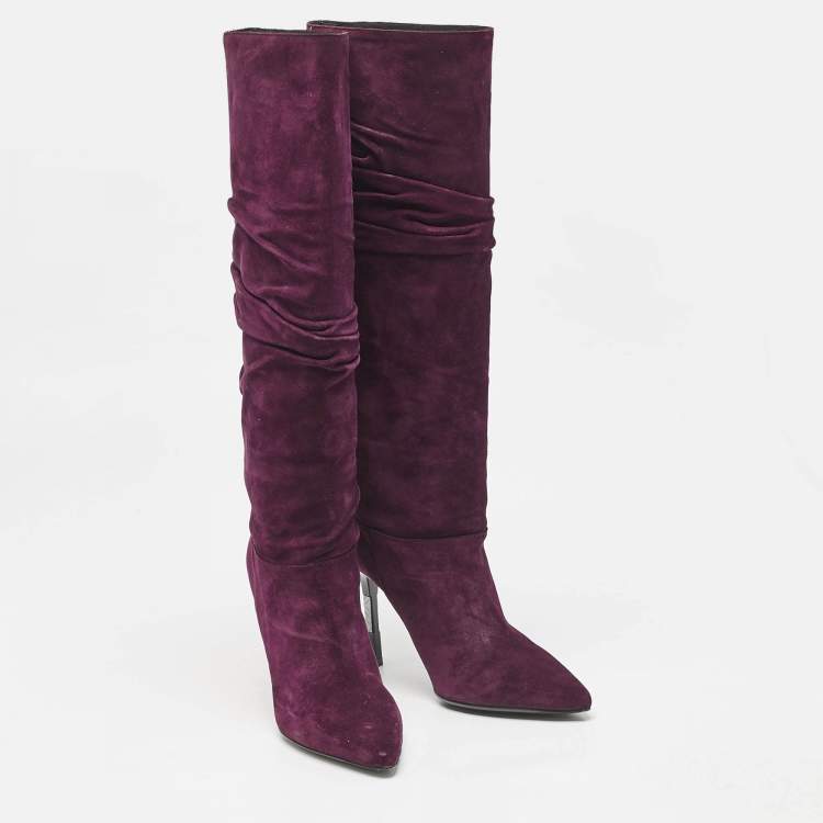 Pre Owned Burberry Burgundy Suede Knee Length Boots Size 36