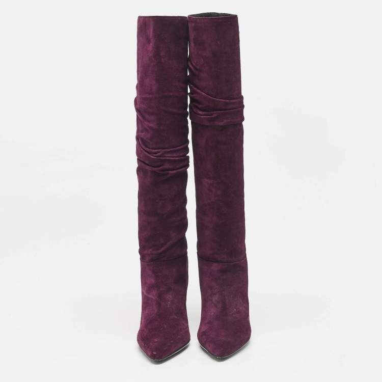 Pre Owned Burberry Burgundy Suede Knee Length Boots Size 36
