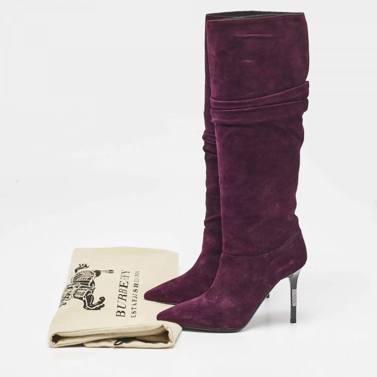 Pre Owned Burberry Burgundy Suede Knee Length Boots Size 36