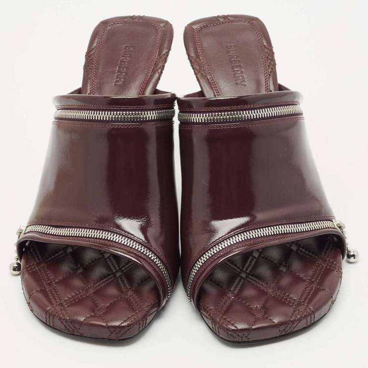 Pre Owned Burberry Burgundy Quilted Leather Double Zip Heel Mules Size 37