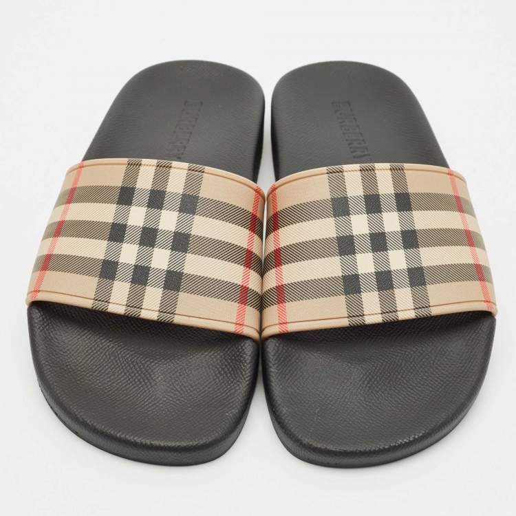 Pre Owned Burberry Beige/Black House Check PVC Furley Flat Slides Size 36