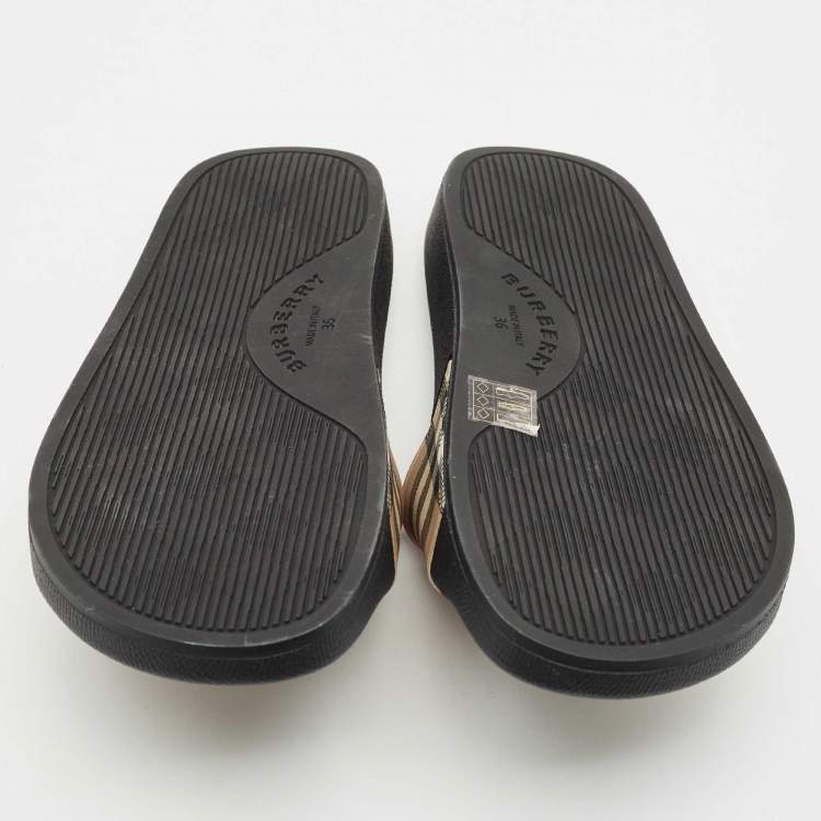 Pre Owned Burberry Beige/Black House Check PVC Furley Flat Slides Size 36