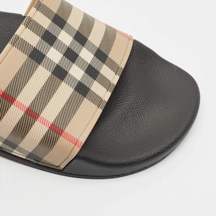 Pre Owned Burberry Beige/Black House Check PVC Furley Flat Slides Size 36