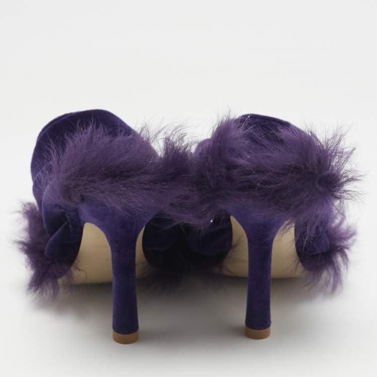 Pre Owned Burberry Purple Velvet and Fur Step Rose Thong Sandals Size 36