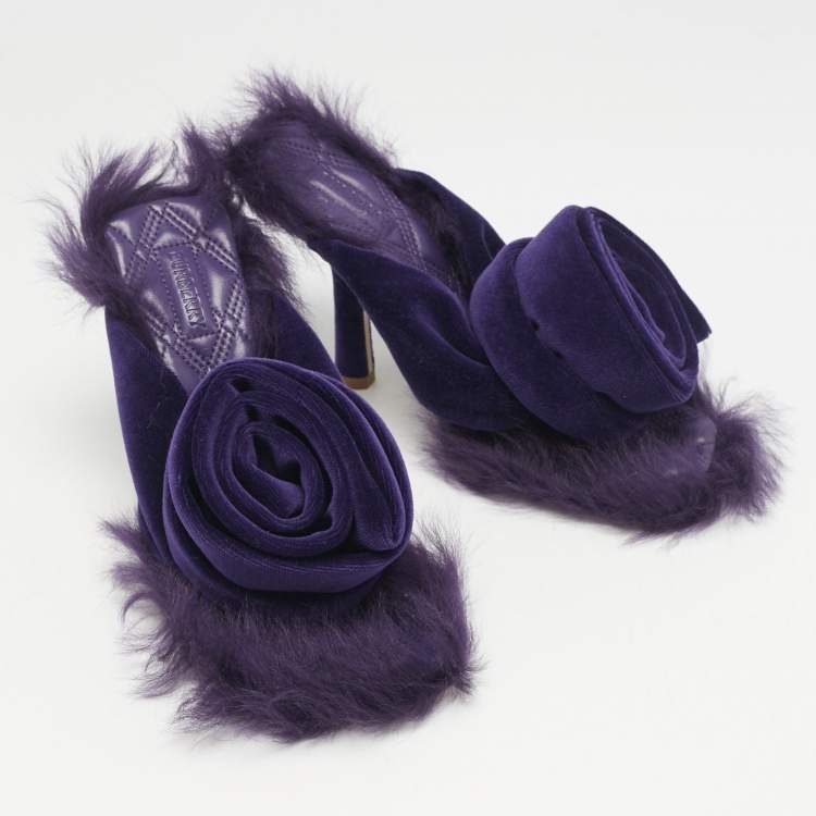 Pre Owned Burberry Purple Velvet and Fur Step Rose Thong Sandals Size 36