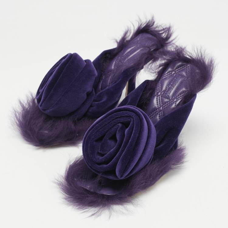 Pre Owned Burberry Purple Velvet and Fur Step Rose Thong Sandals Size 36