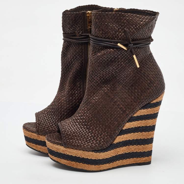 Pre Owned Burberry Brown Woven Leather Raffia Platform Wedge Ankle Length Boots Size 38