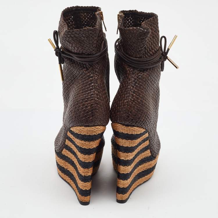 Pre Owned Burberry Brown Woven Leather Raffia Platform Wedge Ankle Length Boots Size 38