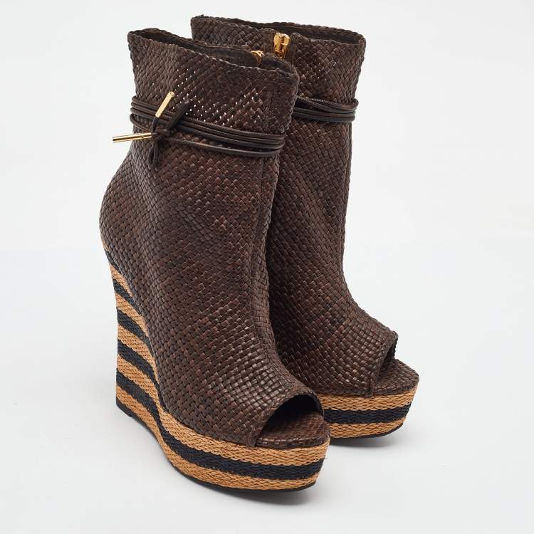 Pre Owned Burberry Brown Woven Leather Raffia Platform Wedge Ankle Length Boots Size 38