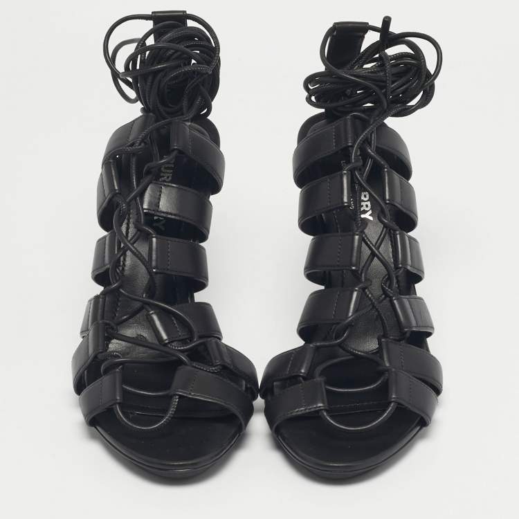 Pre Owned Burberry Black Leather Gladiator Stiletto Heel  Sandals Size 37.5