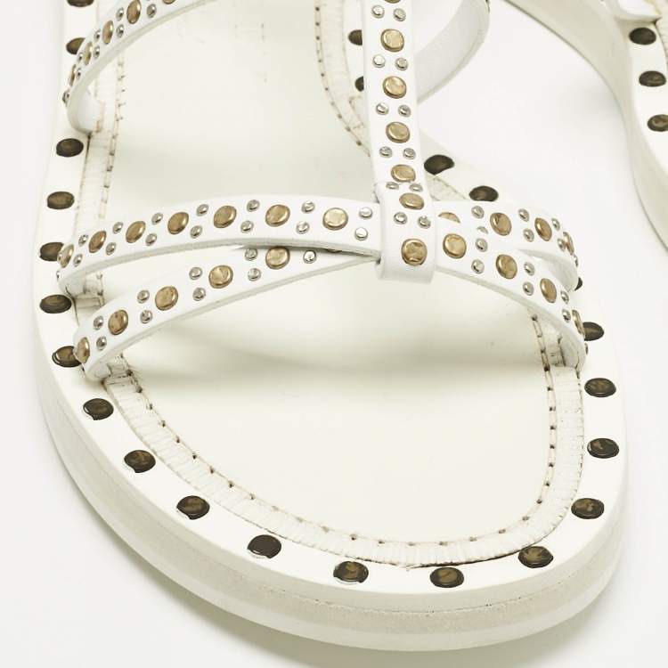 Pre Owned Burberry White Leather Studded Hansel Flat Sandals Size 39.5