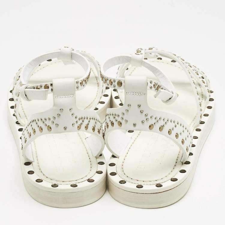 Pre Owned Burberry White Leather Studded Hansel Flat Sandals Size 39.5