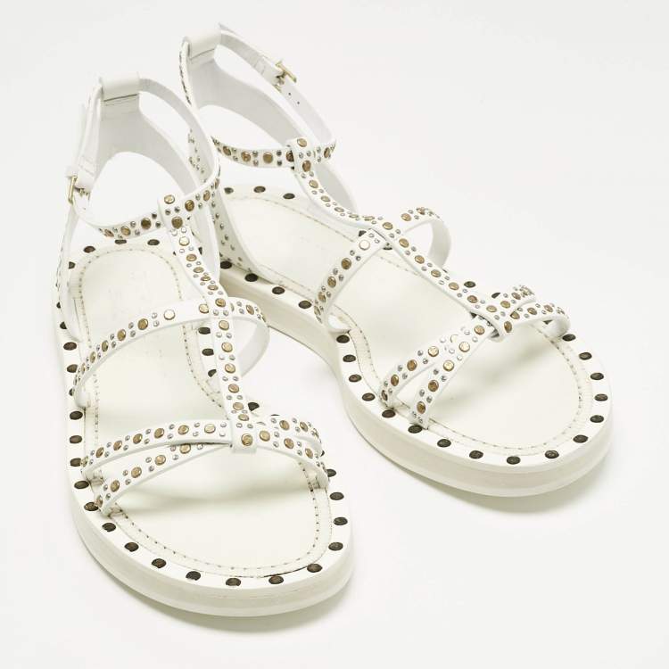 Pre Owned Burberry White Leather Studded Hansel Flat Sandals Size 39.5