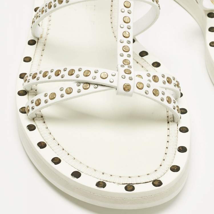 Pre Owned Burberry White Leather Studded Hansel Flat Sandals Size 39.5