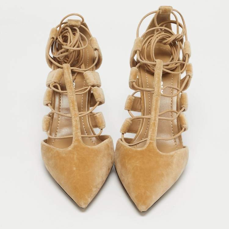 Pre Owned Burberry Beige Velvet Bethany Ankle Wrap Pumps Size 37