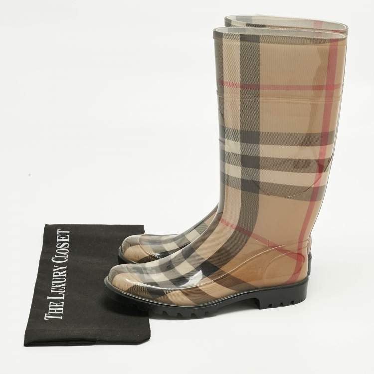 مملوكة مسبقًا Burberry Beige PVC House Check Rain Boots Size 38
