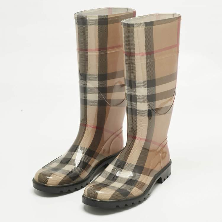 مملوكة مسبقًا Burberry Beige PVC House Check Rain Boots Size 38