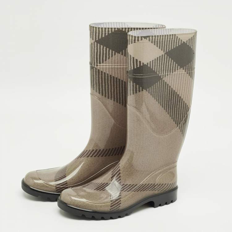 Pre Owned Burberry Grey/Brown PVC Rain Boots Size 37