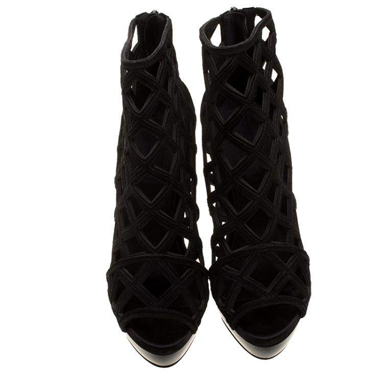 Pre Owned Burberry Prorsum Black Suede Edenside Cage Wedge Ankle Boots Size 39