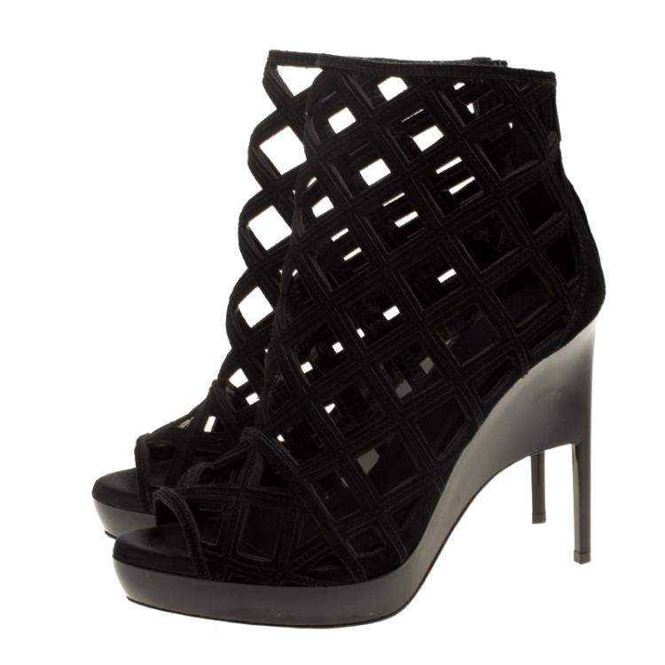 Pre Owned Burberry Prorsum Black Suede Edenside Cage Wedge Ankle Boots Size 39