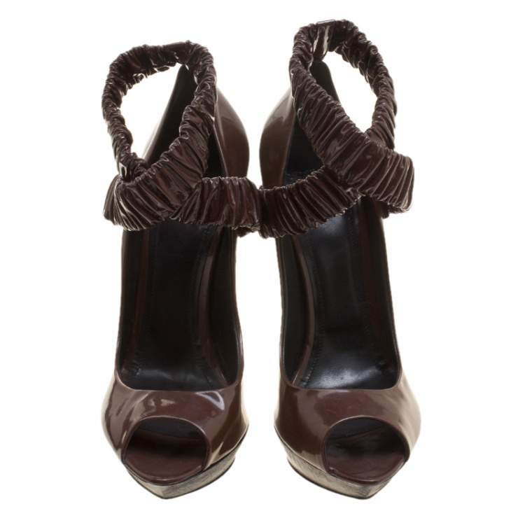 Pre Owned Burberry Brown Patent Leather Ruched Criss Cross Peep Toe Pumps Size 39