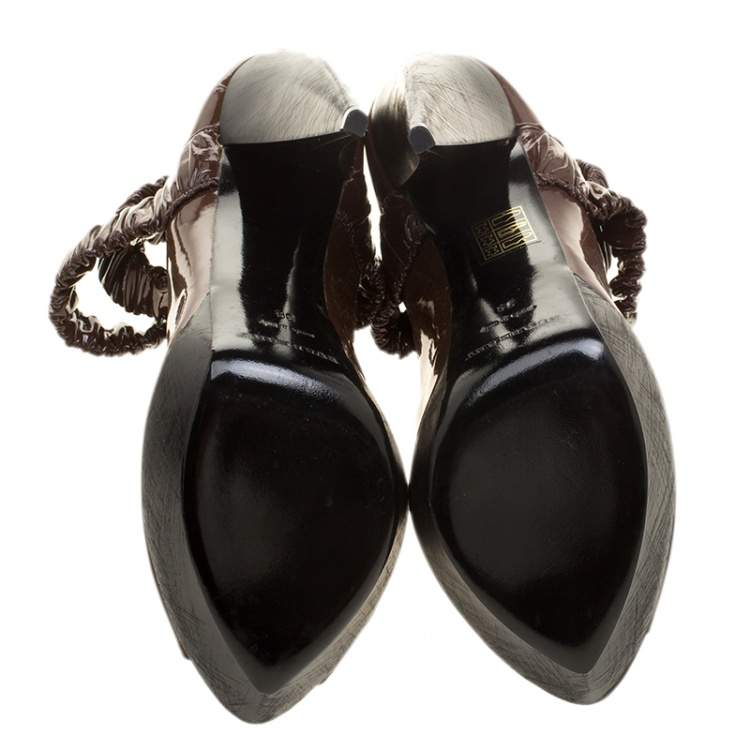 Pre Owned Burberry Brown Patent Leather Ruched Criss Cross Peep Toe Pumps Size 39