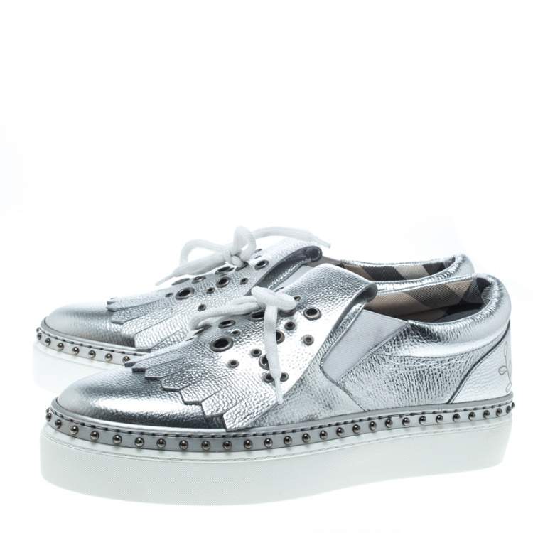 Pre Owned Burberry Metallic Silver Kiltie Fringe Detail Slip On Sneakers Size 37.5