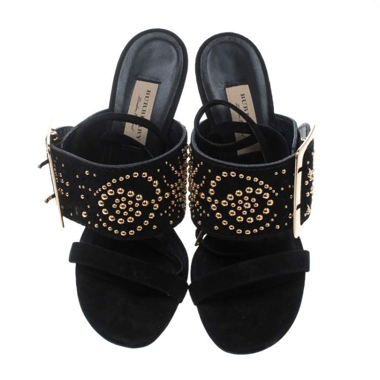 Pre Owned Burberry Black Suede Stud Embellished Padstow Ankle Wrap Sandals Size 39