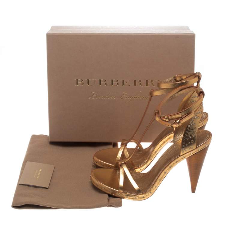 Pre Owned Burberry Metallic Gold Leather Hans T Strap Sandals Size 39