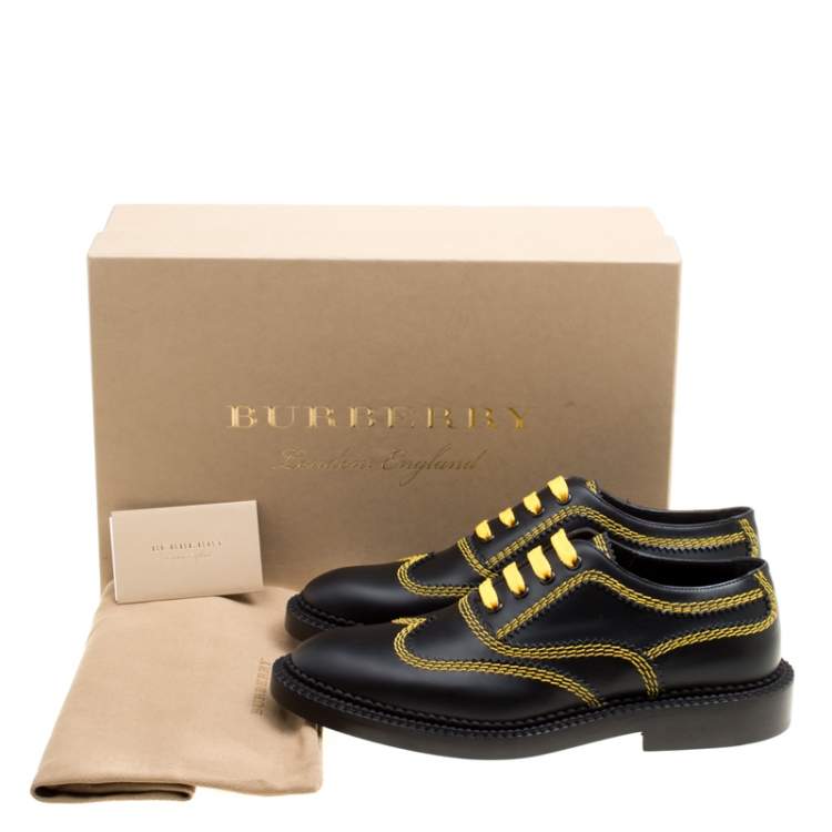 Pre Owned Burberry Black Leather Bertram Contrast Triple Stitch Lace Up Oxfords Size 38.5