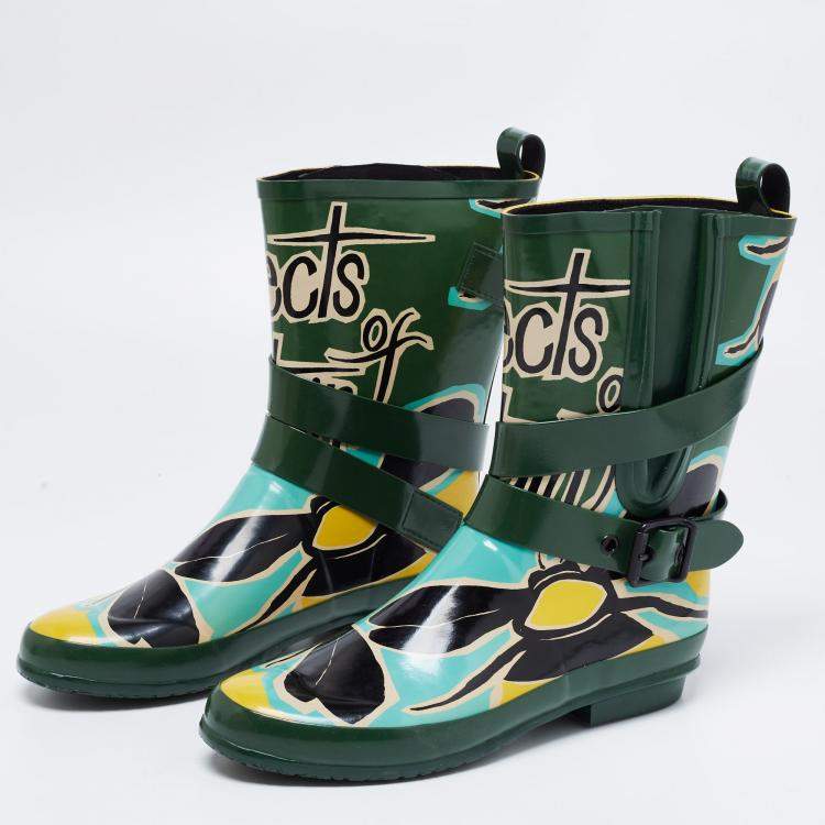 Pre Owned Burberry Multicolor Insects of Britain Rubber Belted Rainboots Size 37