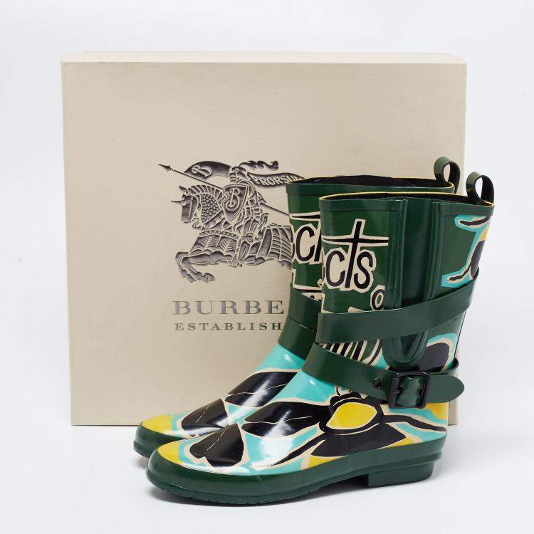 Pre Owned Burberry Multicolor Insects of Britain Rubber Belted Rainboots Size 37