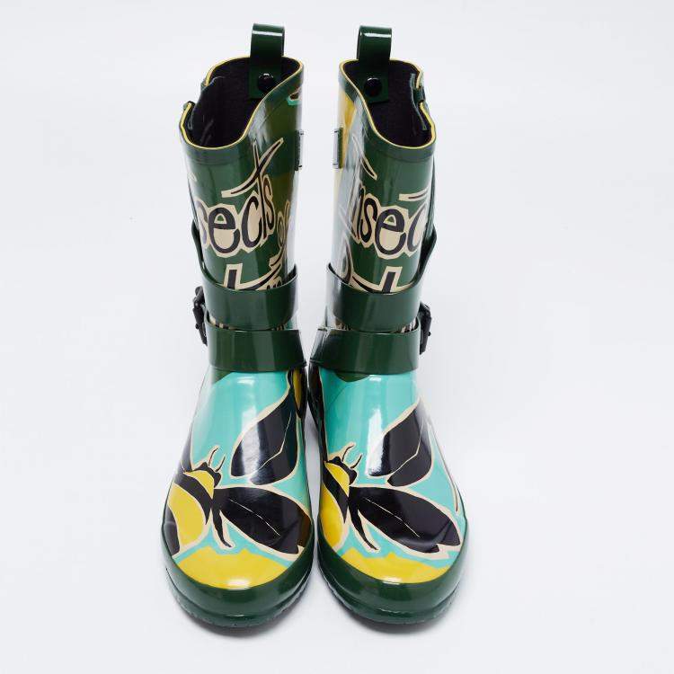 Pre Owned Burberry Multicolor Insects of Britain Rubber Belted Rainboots Size 37