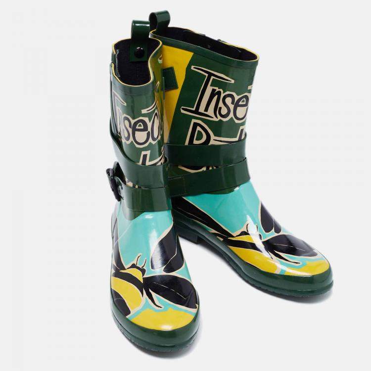 Pre Owned Burberry Multicolor Insects of Britain Rubber Belted Rainboots Size 37