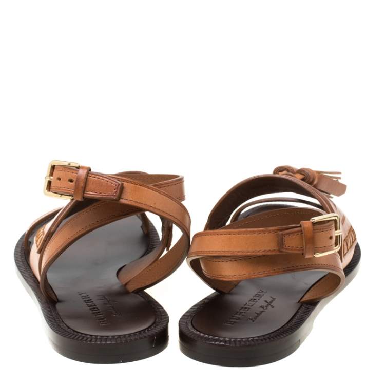 مملوكة مسبقًا Burberry Cognac Brown Leather Bethany Tassel Detail Flat Sandals Size 39