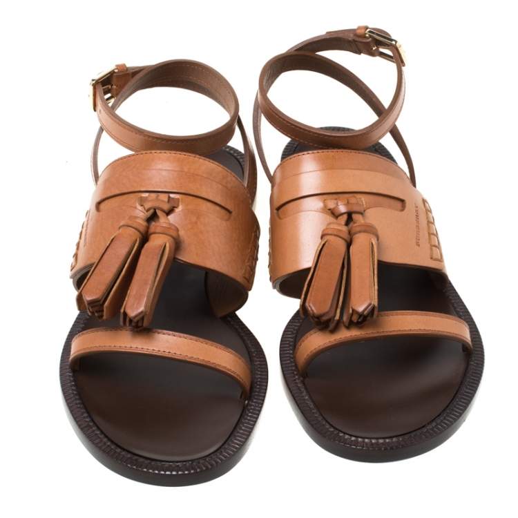 مملوكة مسبقًا Burberry Cognac Brown Leather Bethany Tassel Detail Flat Sandals Size 39