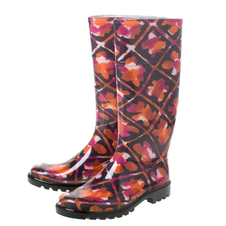 Pre Owned Burberry Multicolor Floral Geometric Rubber Carleton Rain Boots Size 37