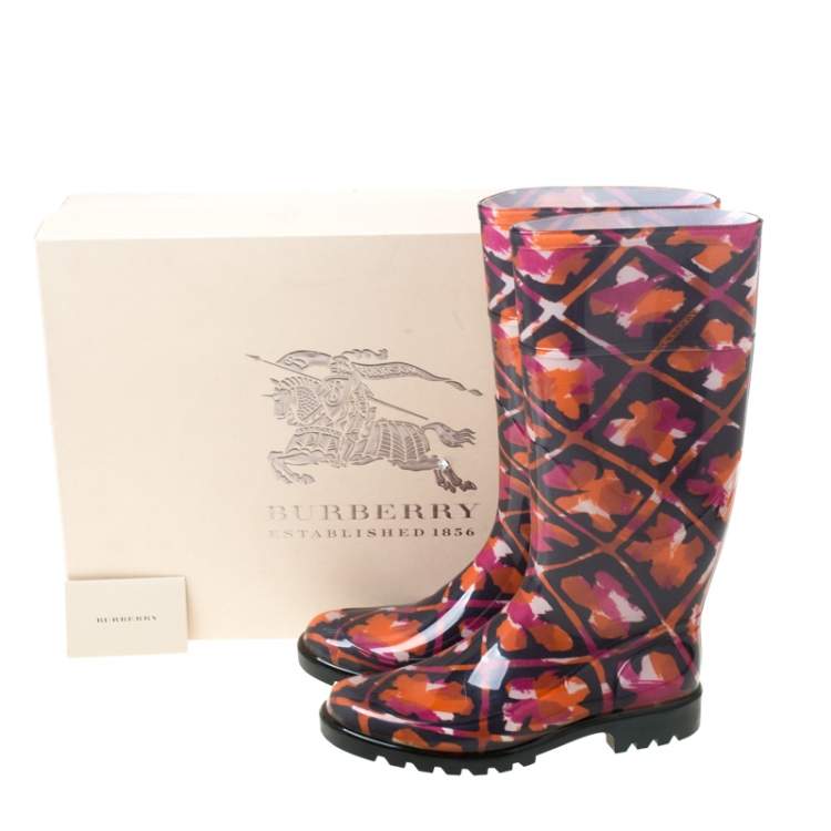 Pre Owned Burberry Multicolor Floral Geometric Rubber Carleton Rain Boots Size 37