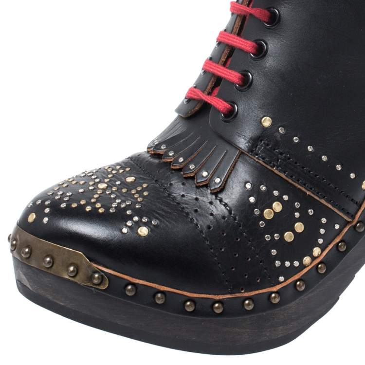 Pre Owned Burberry Black Studded Leather Antrim Fringe Detail Block Heel Clog Ankle Boots Size 40