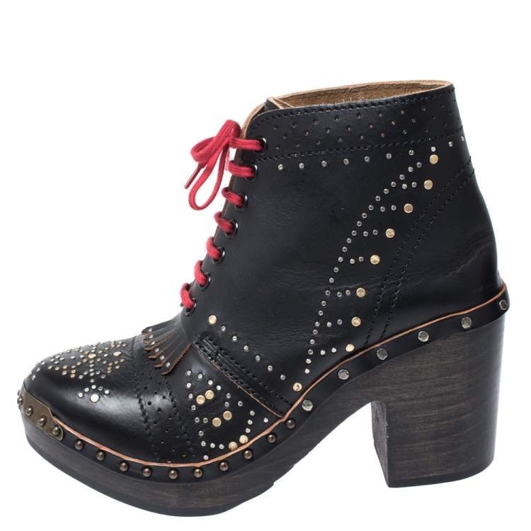 Pre Owned Burberry Black Studded Leather Antrim Fringe Detail Block Heel Clog Ankle Boots Size 40