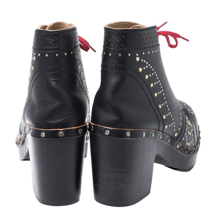 Pre Owned Burberry Black Studded Leather Antrim Fringe Detail Block Heel Clog Ankle Boots Size 40