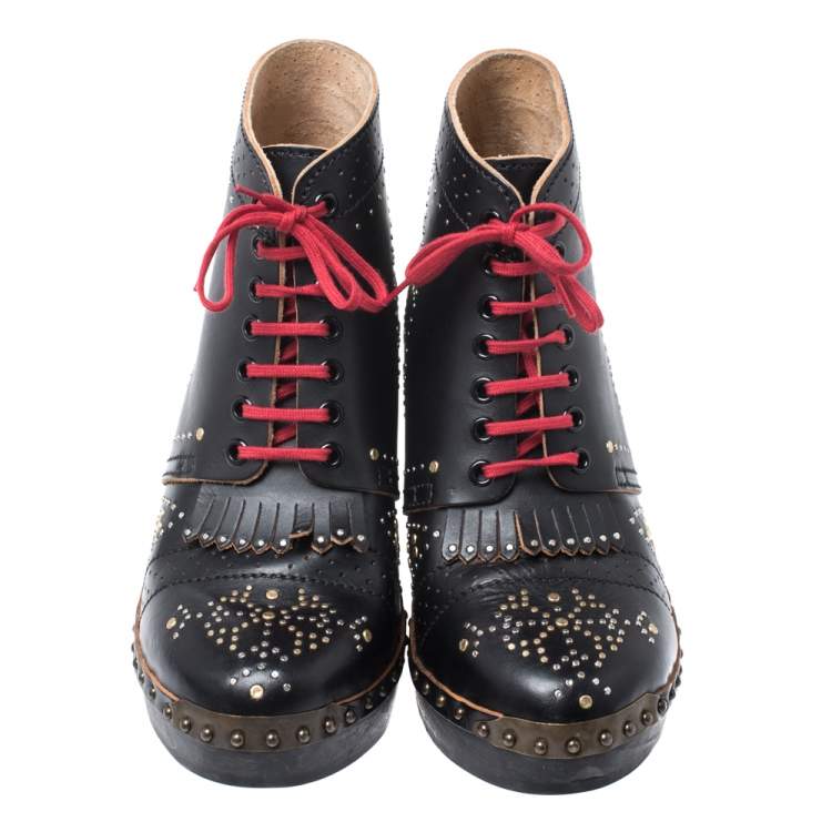 Pre Owned Burberry Black Studded Leather Antrim Fringe Detail Block Heel Clog Ankle Boots Size 40