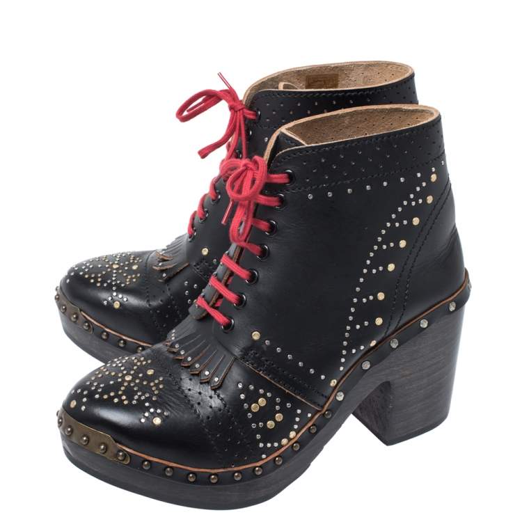Pre Owned Burberry Black Studded Leather Antrim Fringe Detail Block Heel Clog Ankle Boots Size 40