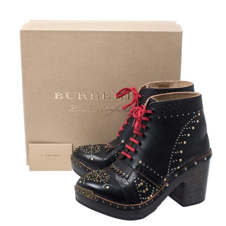 Pre Owned Burberry Black Studded Leather Antrim Fringe Detail Block Heel Clog Ankle Boots Size 40