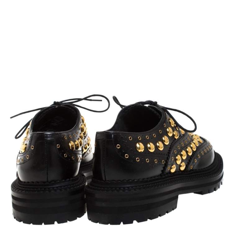 Pre Owned Burberry Black Brogue Leather Studded Oxfords Size 37