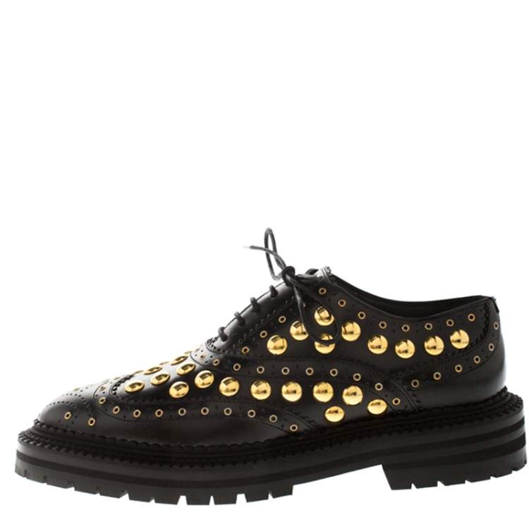 Pre Owned Burberry Black Brogue Leather Studded Oxfords Size 37