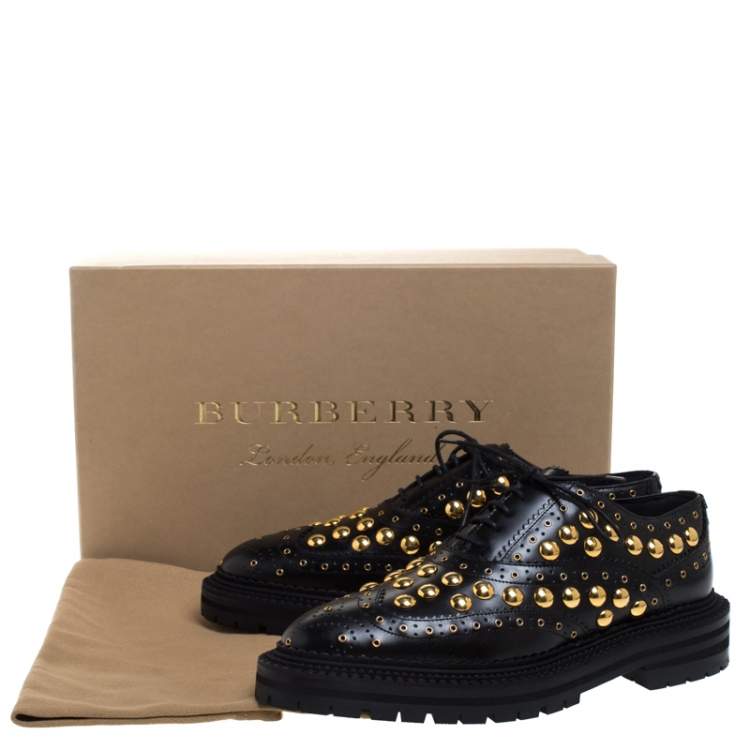 Pre Owned Burberry Black Brogue Leather Studded Oxfords Size 37
