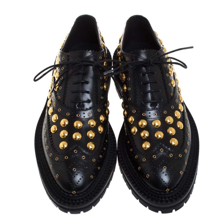 Pre Owned Burberry Black Brogue Leather Studded Oxfords Size 37