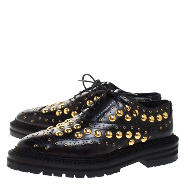Pre Owned Burberry Black Brogue Leather Studded Oxfords Size 37